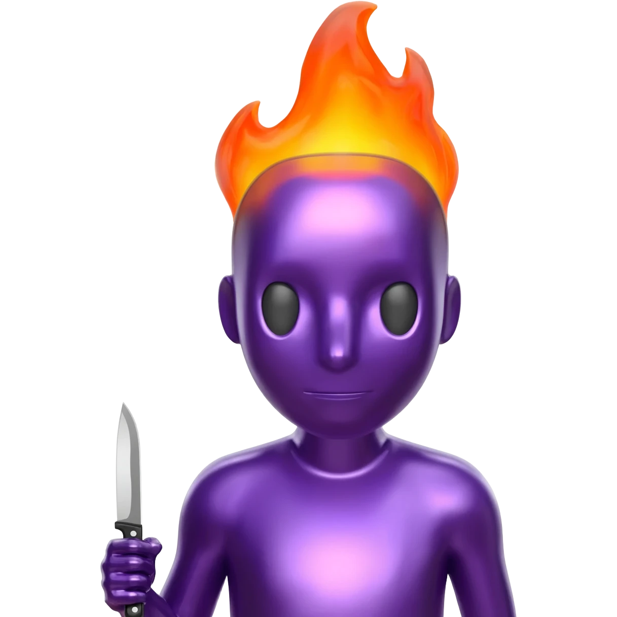 A purple shiny character with a flame head and holding a small knife. emoji