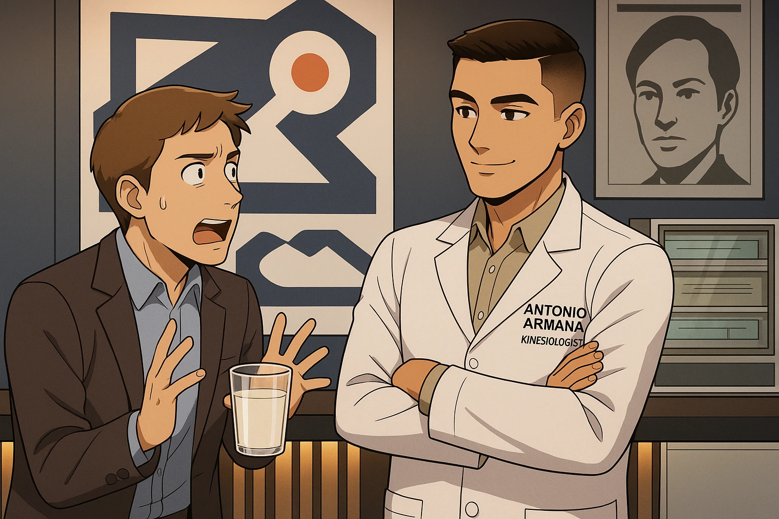 fai un webtoon manga a colori con questo stile, in cui un uomo chiede al kinesiologo con il camice bianco (fagli anche la scritta "ANTONIO ANANIA" SUL CAMICE, una domanda e il kinesiologo gli risponde, L'UOMO INDICA IL BICCHIERE DI LATTE CHE HA IN MANO ED è MOLTO ALLARMATO NEL FARE LA DOMANDA. non fare i fumetti però, fai solo in modo che sembri stiano parlando emoji