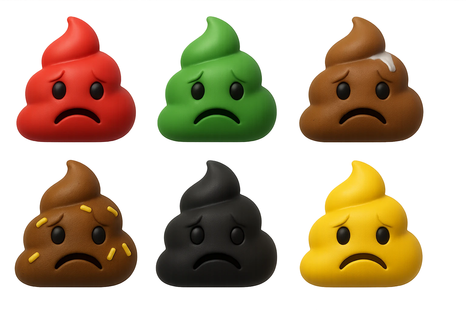 emoji stile iphone 3d di una cacca di colore rosso, una cacca di colore verde, una cacca di colore marrone con muco bianco visibile sopra,  una cacca di colore marrone con penne di pasta a pezzetti visibili all'interno di essa,  una cacca di colore nero e una cacca di colore giallo, tutte le cacche hanno un espressione triste, iperrealistiche 4k emoji