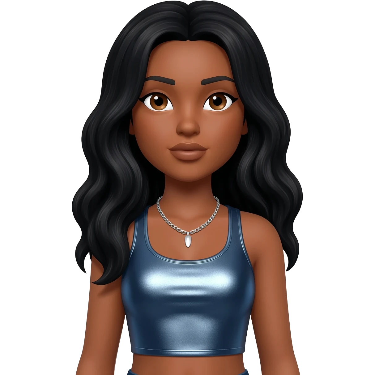 Chilli from TLC with brown skin, brown eyes, long black hair, steel blue metallic crop top, silver necklace emoji
