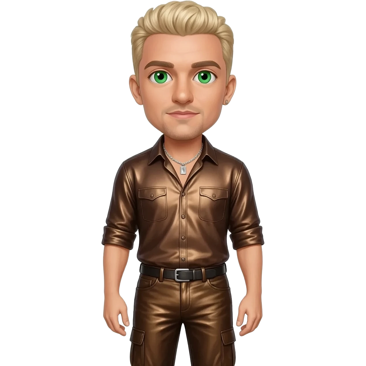 Lance Bass from NSYNC with green eyes, blonde hair, coffee brown metallic shirt, sepia metallic long baggy pants, silver necklace emoji