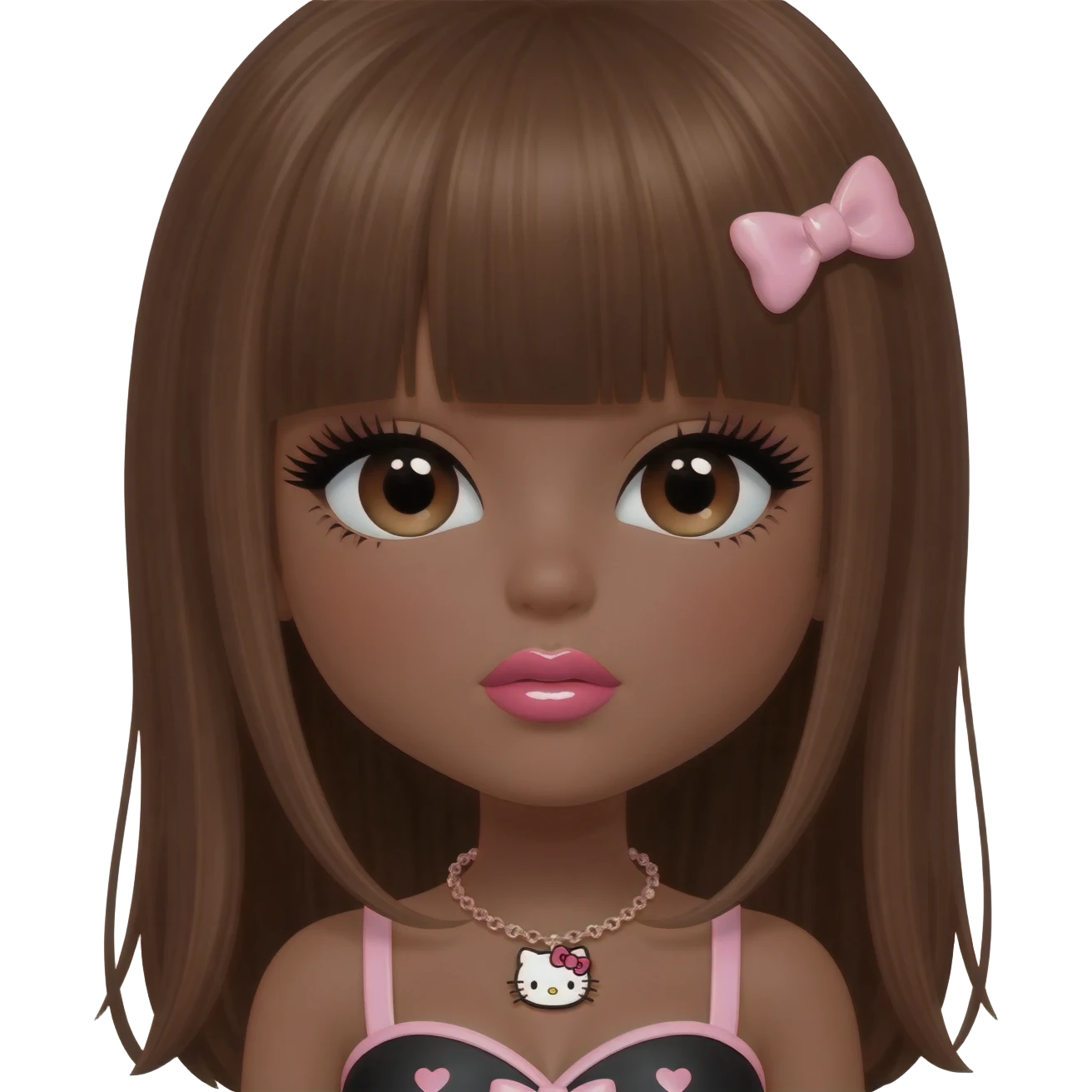 heart shaped lips, cute glossy lips, doll eyes with long lashes, dark brown skin, long brown hair, big chest, hello kitty necklace, one bow clip, bimbocore outfit, emoji
