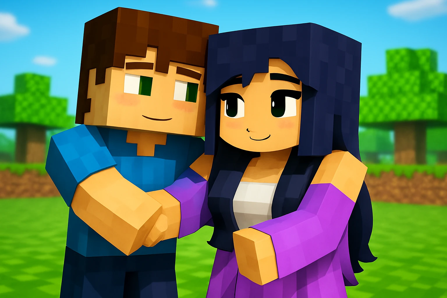 Add a happy expression to the boy and a shy expression to the girl in Minecraft style. Maintain the blocky, pixelated Minecraft aesthetic with simple, colorful textures and cubic shapes. emoji