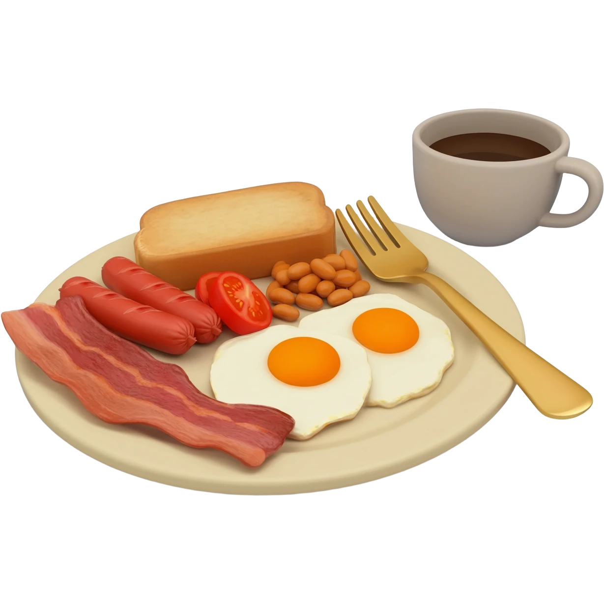 English breakfast full English breakfast with two eggs, bacon, sausage, beans, toast, and tomato оn a beautiful light beige plate with a gold fork and cup of coffee side view emoji