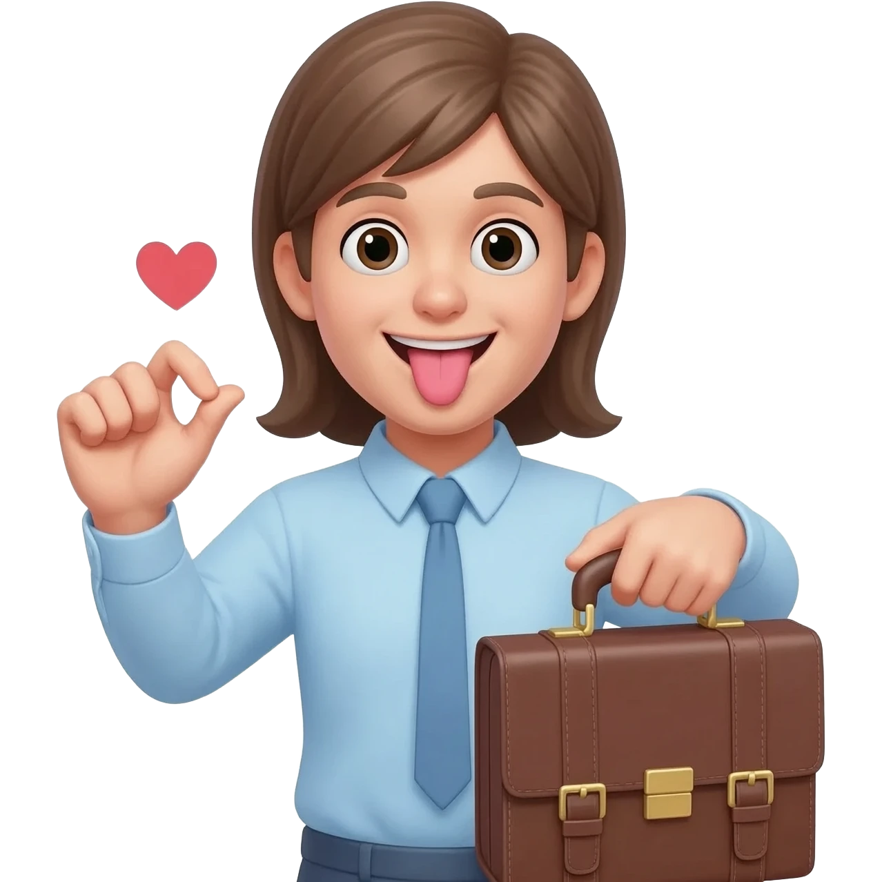 in apple style  tongue-out silly face like 😜, wearing a light blue dress shirt with a simple tie. One hand is making a finger-heart gesture (🫰) while the other holds a brown briefcase 💼. emoji