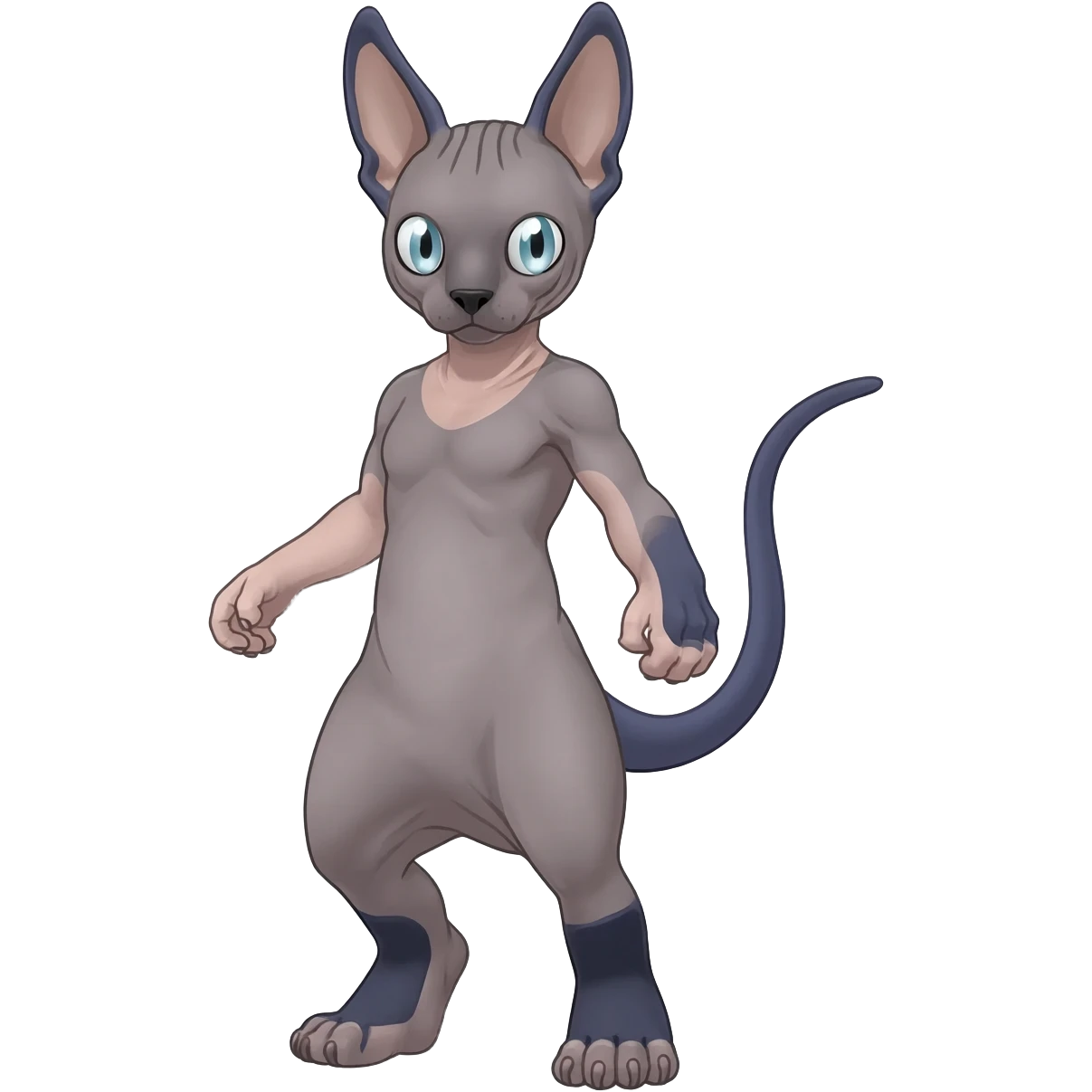 Pastel dull greyish anthropomorphic furry Mewtwo-Beerus-Minccino-Lykoi-Sphynx-hybrid-Fakémon-fusion-animal-ET-species-creature, full body  emoji
