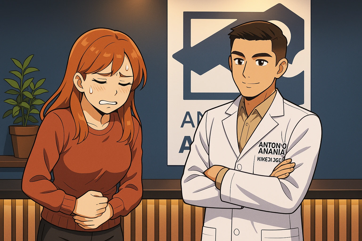 su questo stile fai un manga/webtoon a colori in cui mostri quella parete dietro dello studio con il suo logo e la scritta "ANTONIO ANANIA" SOTTO IL LOGO, LUCE CHE ILLUMINA IL LOGO emoji