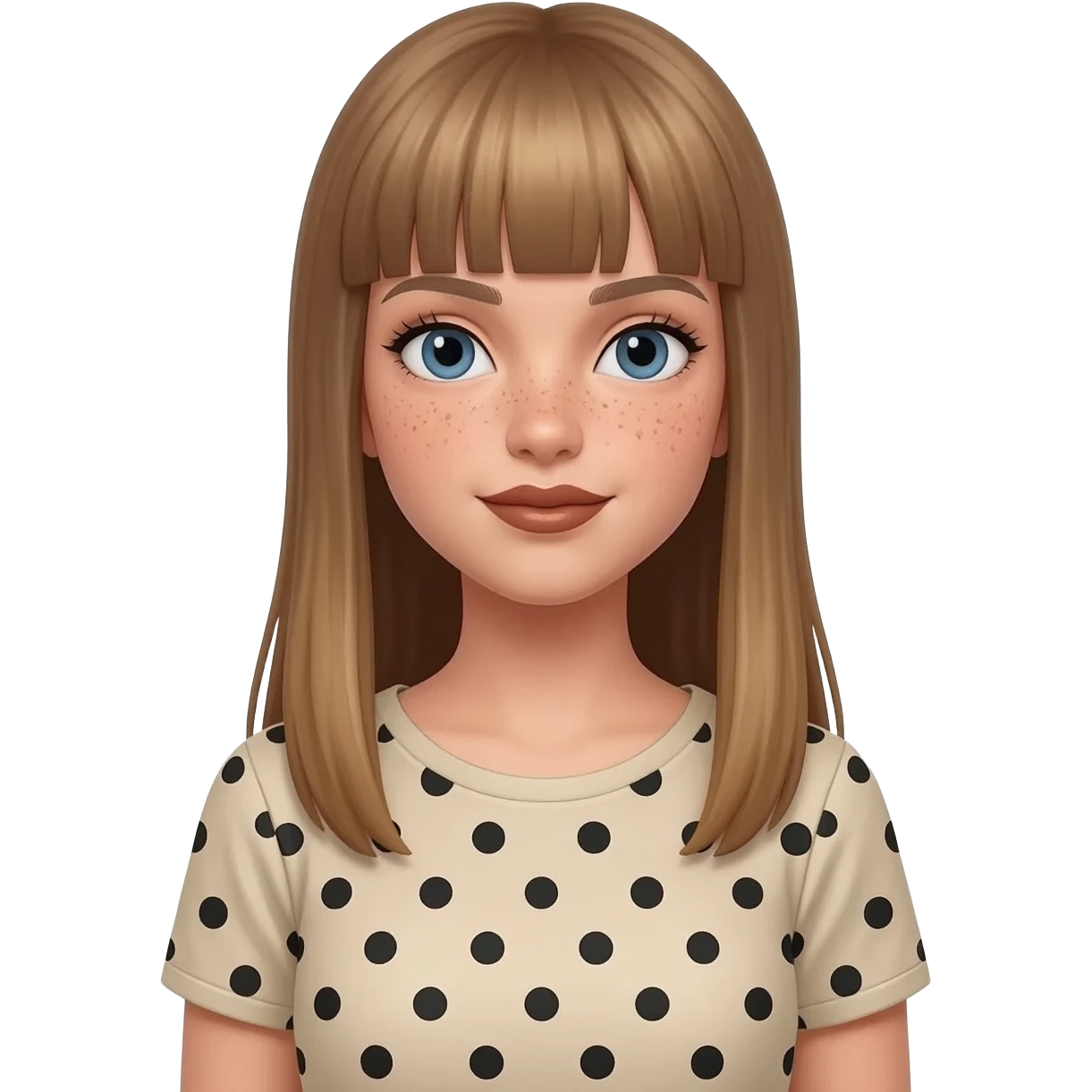 fille blanche avec une coupe de cheveux longue raide et une frange blond foncé, chatain clair, yeux bleu, tache de rousseur, rouge à lèvre marron, et t-shirt beige à pois noir emoji