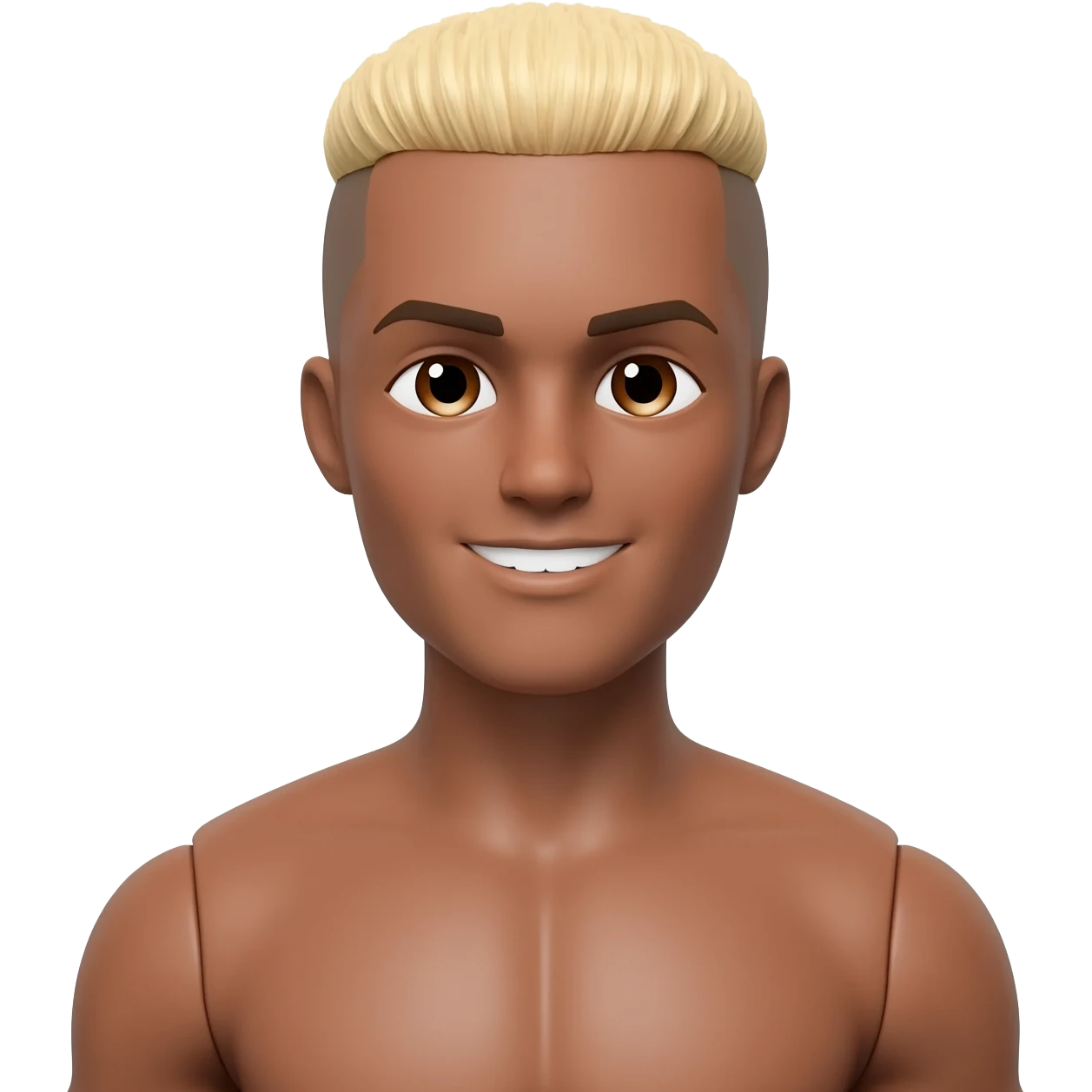 Brown skin Ken doll with buzz cut blonde short hair brown eyes slim fit with muscles, smiling emoji