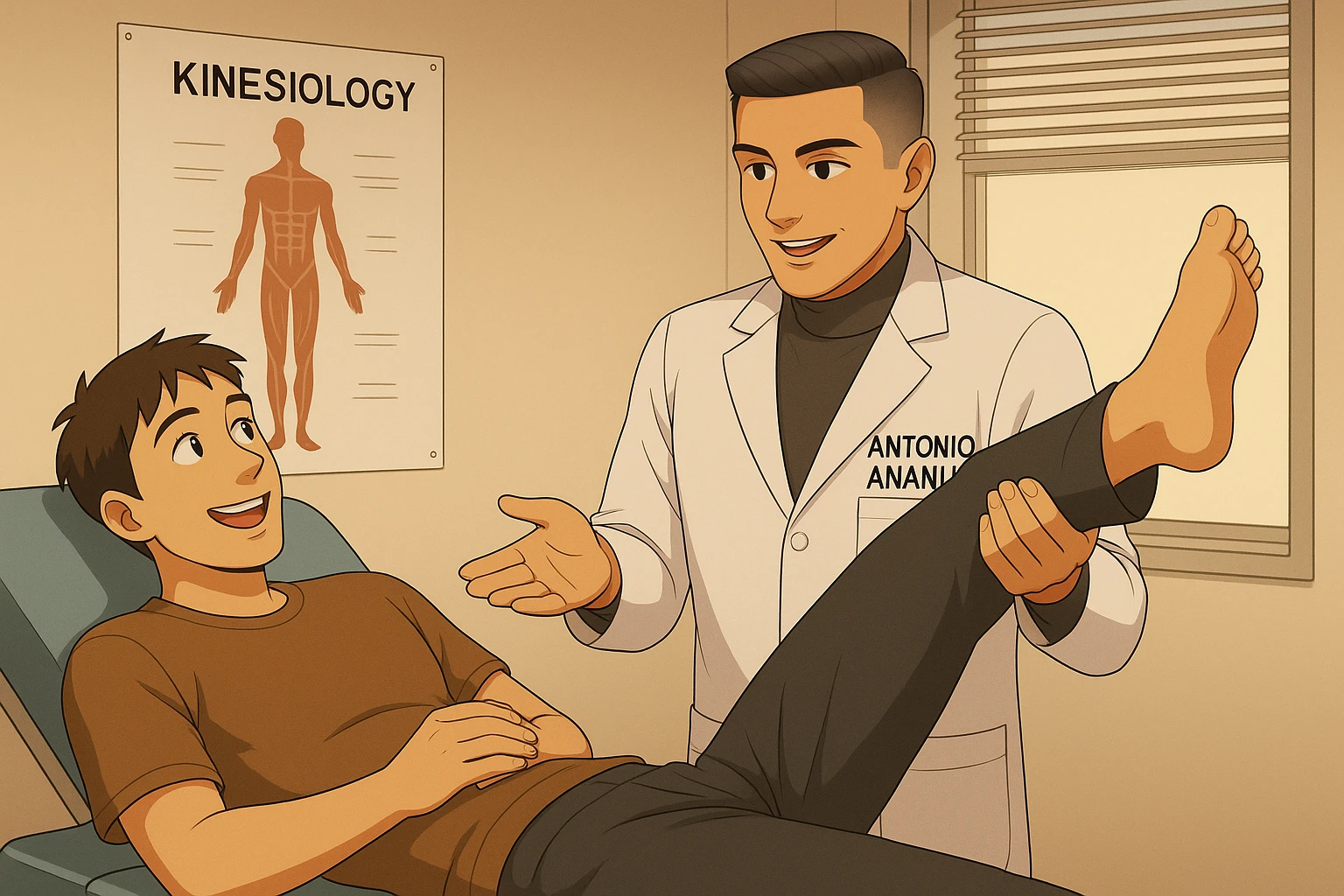 su questo lettino rappresenta un webtoon manga a colori con questo stile, in cui un uomo è steso sul lettino medico e il kinesiologo con il camice bianco (fagli anche la scritta "ANTONIO ANANIA" SUL CAMICE, gli solleva una gamba per fargli il test neuromuscolare, IL KINESIOLOGO SPIEGA ALL'UOMO UNA cosa mentre gli alza la gamba. l'espressione dell'uomo è felice e soddisfatta, non fare i fumetti però, fai solo in modo che sembri stiano parlando emoji