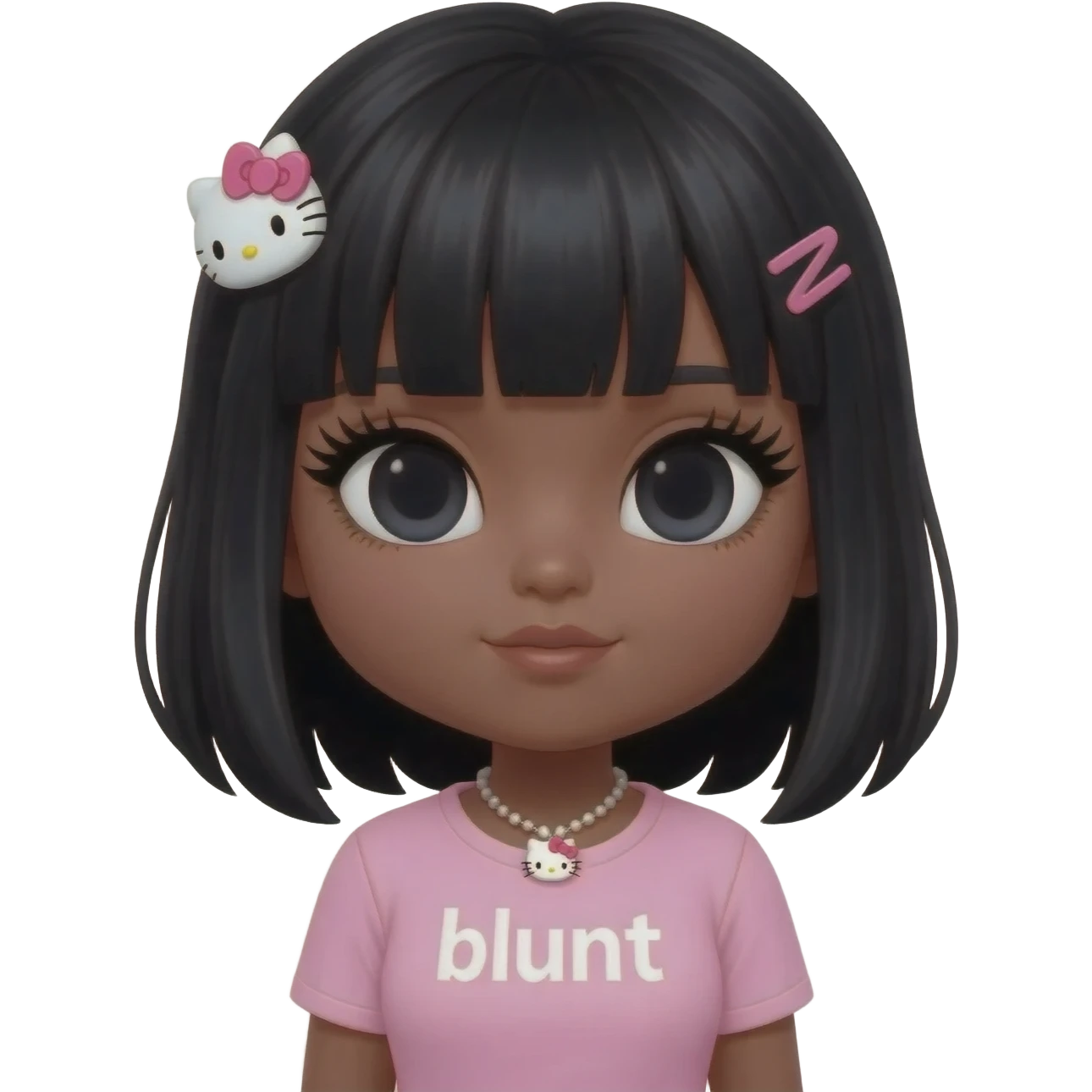 Long giant lashes, my melody hairclip, Doll faced shaped, hello kitty necklace, bimbo, black doll eyes, barbie, dark brown skin with black hair, light pink bimbo shirt says "blunt" , big breast emoji
