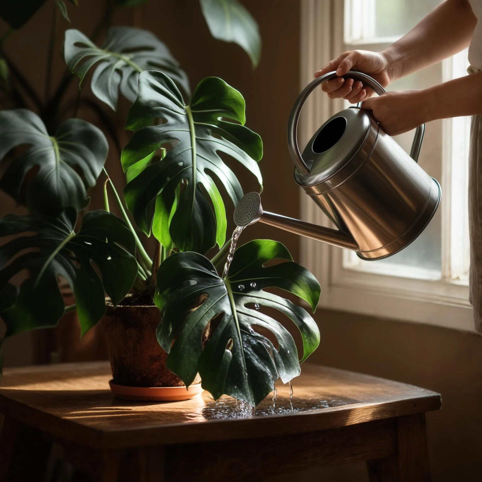 woman watering her monstera plant emoji