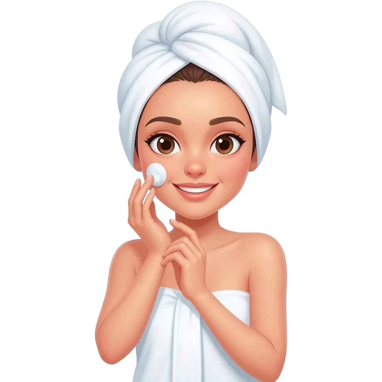 A girl wrapped in a towel, doing her skincare routine, head and body covered, radiating feminine charm. emoji