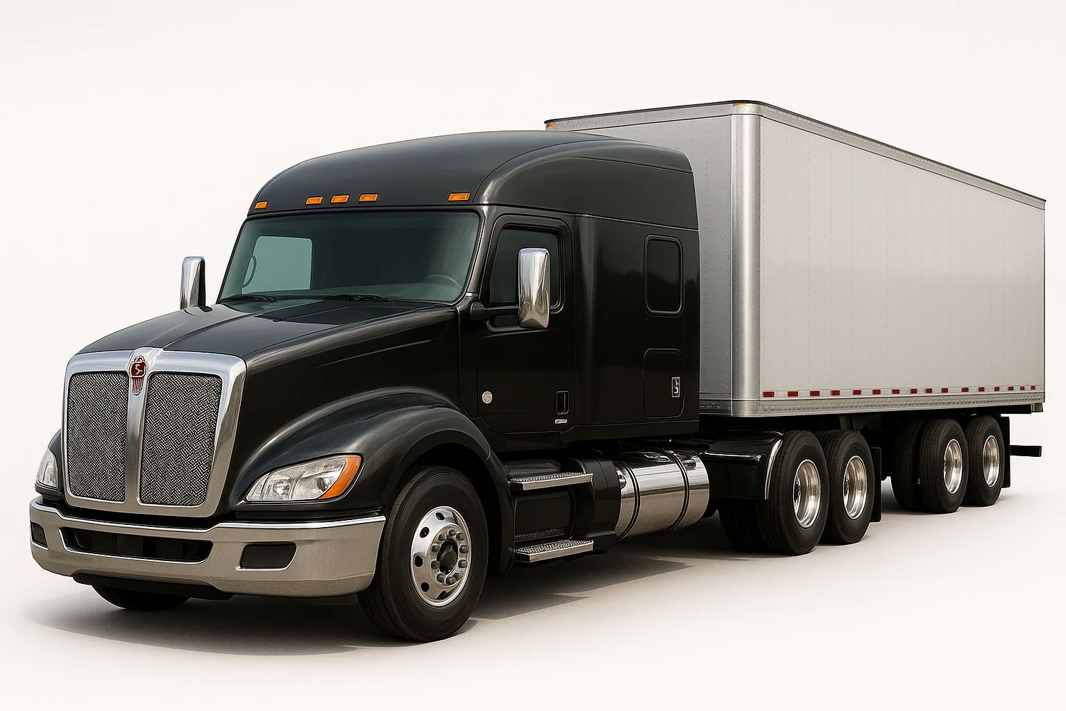 Enhance photorealism for this 2026 Kenworth T680 Flat Top semi sleeper, with ultra-realistic lighting, chrome, and surface details, no air filters, flat top sleeper cab emphasized, no background. Render in ultra-realistic photographic style with perfect lighting and detailed chrome and paint reflections, no background. emoji