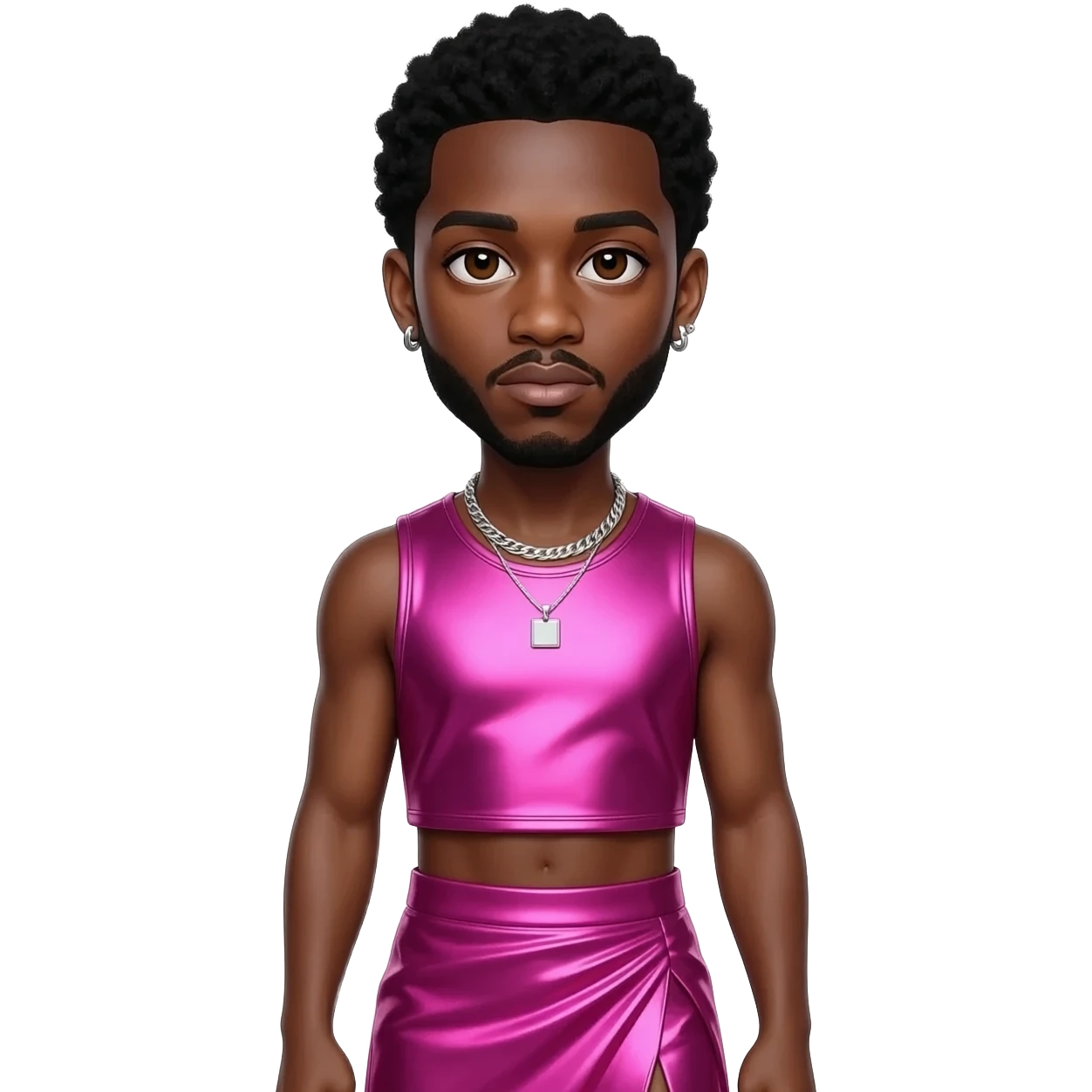 Lil Nas X with dark brown eyes, black hair, hot pink metallic sleeveless crop top, hot pink metallic skirt, silver necklace and short earrings emoji