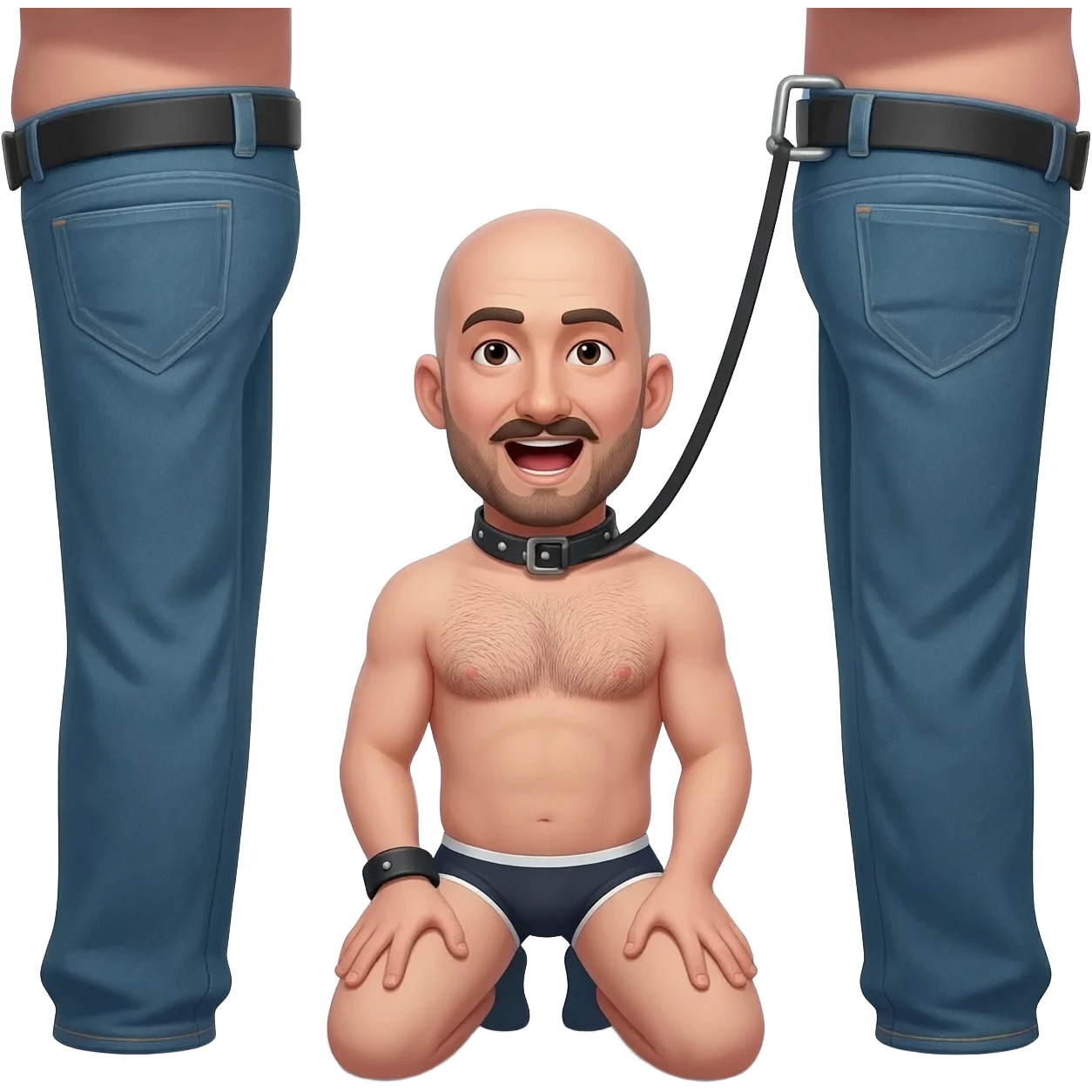 2 tall men in jeans with only legs visible control a shorter bald stocky 35 year old man on his knees with a collar and leash. He has mouth wide open, mustache and beard, in underwear, slightly hairy chest emoji
