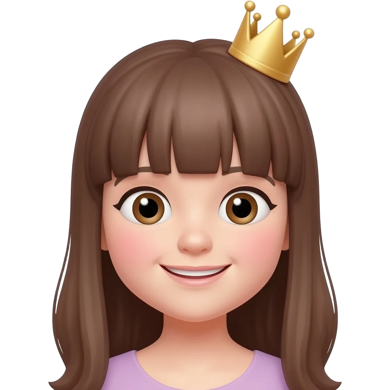 Cute emoji girl with princess vibes, fair skin, long straight brown hair with bangs, small crown, sweet smile, big emoji eyes, kawaii style, soft pastel colors, transparent background. emoji