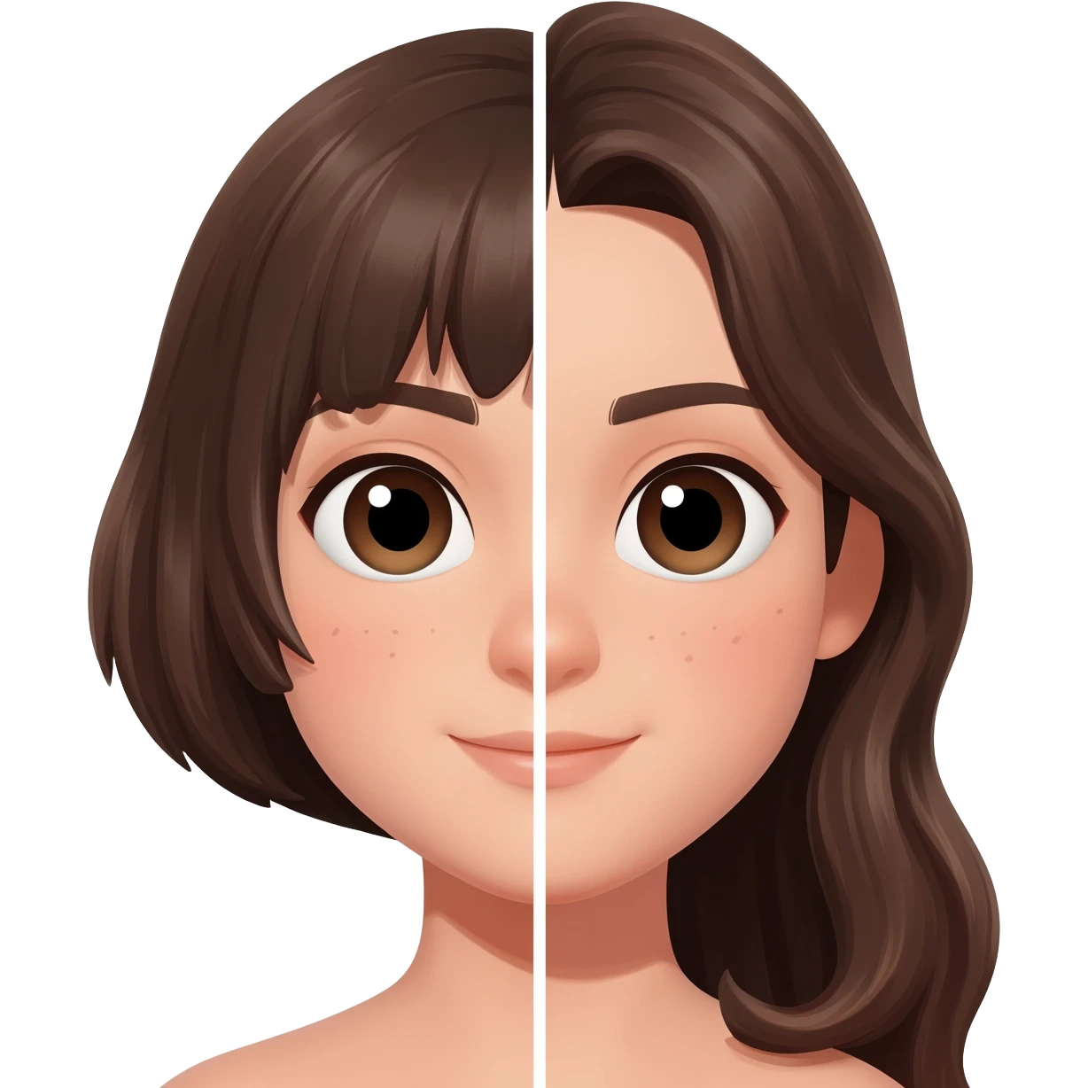 girl face, split down the middle, left side short hair, right side long hair, clear contrast, clean background, bright colors emoji