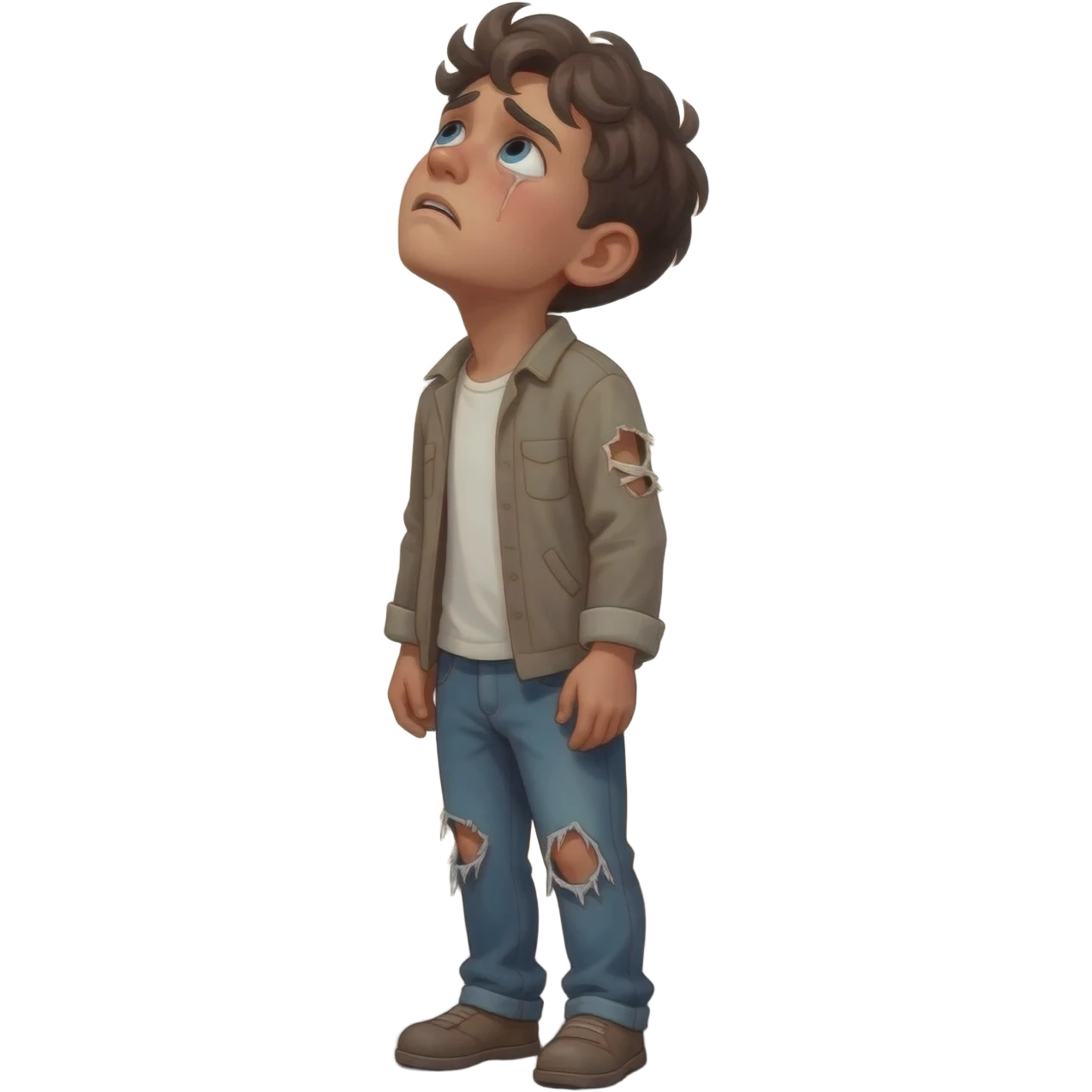 парень смортит на небо с надеждой  в рваной одежде растроенный и одинокий  стоит на асфальте  ,  времена древнего иерусалима emoji