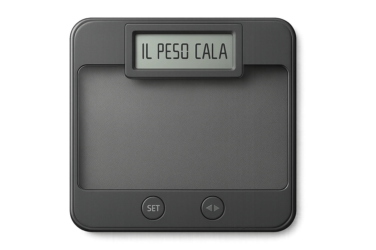 bilancia PESAPERSONE vista dall'alto con la scritta "IL PESO CALA" SUL DISPLAY, IPERREALISTA 4K emoji