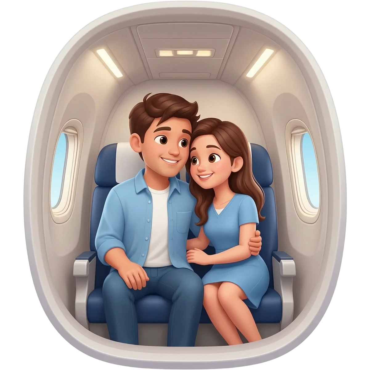 Cute brunette couple on a flight cuddling emoji