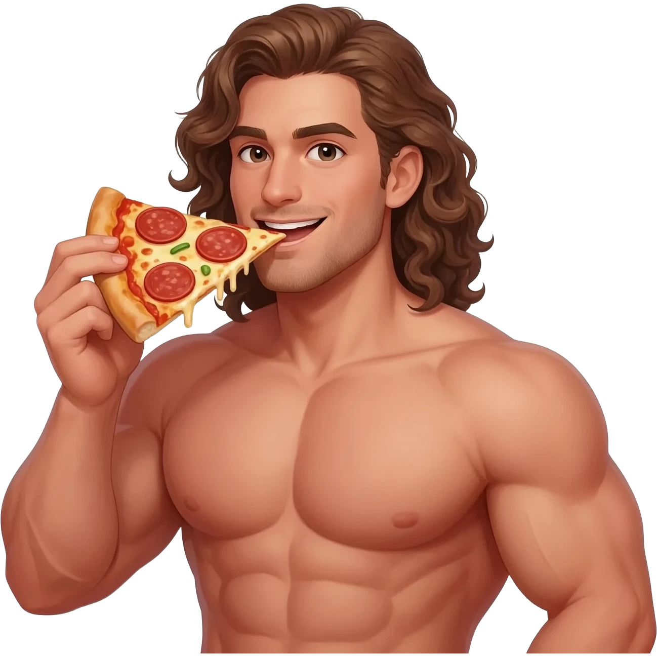 Ultra muscular, guy with brown long hurly hair eating pizza emoji