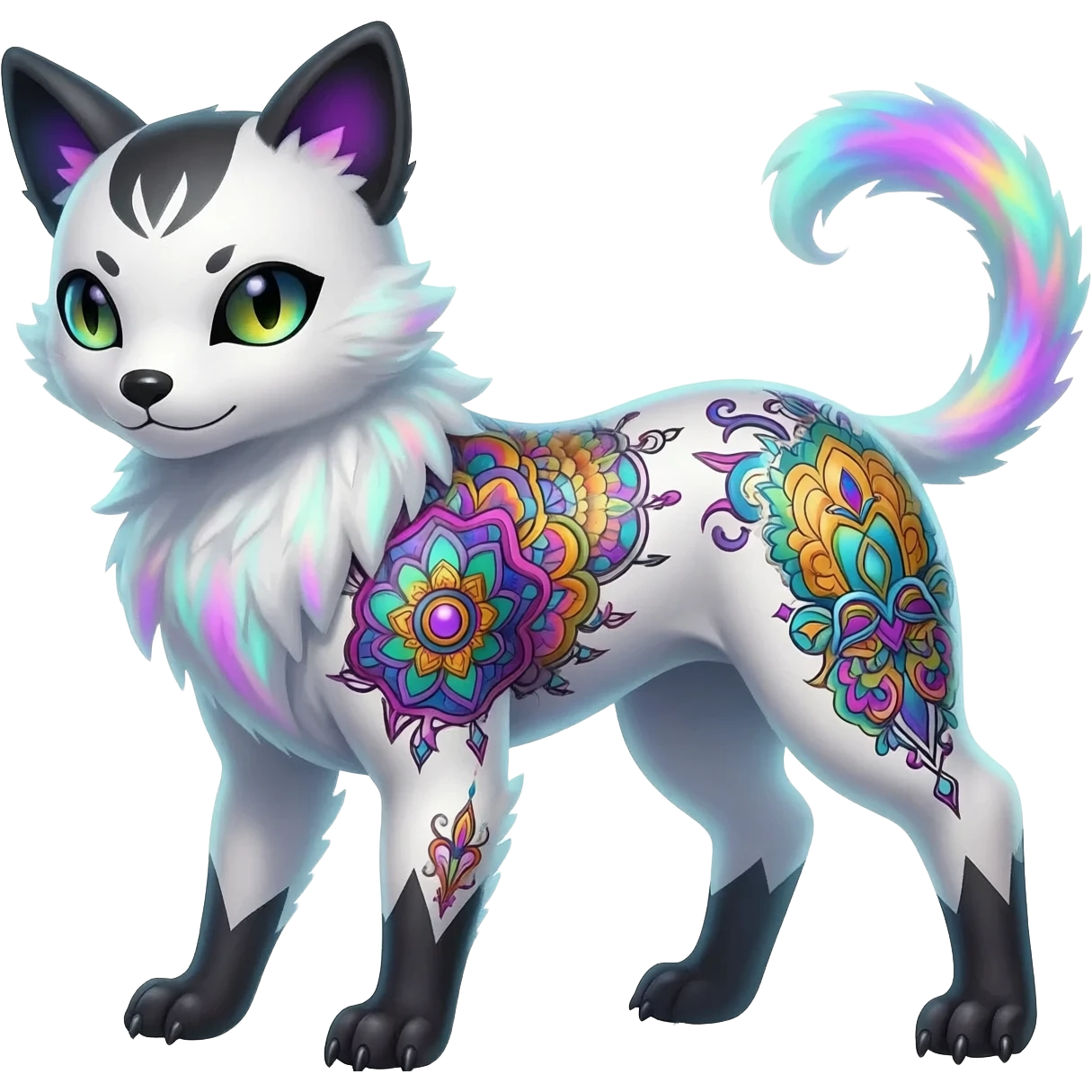 Rare neon iridescent white exotic cute epic aesthetic gothic colorful Salandit-Eevee-Civet-species-Fakemon-hybrid-creature, with intricate tattoo markings, full body emoji