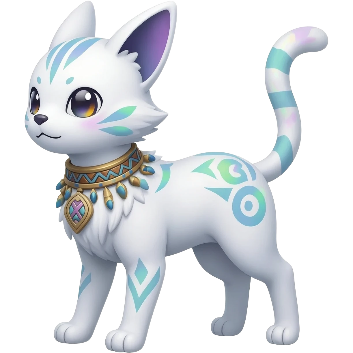 Rare neon iridescent white exotic cute epic aesthetic gothic colorful Salandit-Eevee-Civet-species-Fakemon-hybrid-creature, with a collar, and with intricate tribal markings, full body emoji