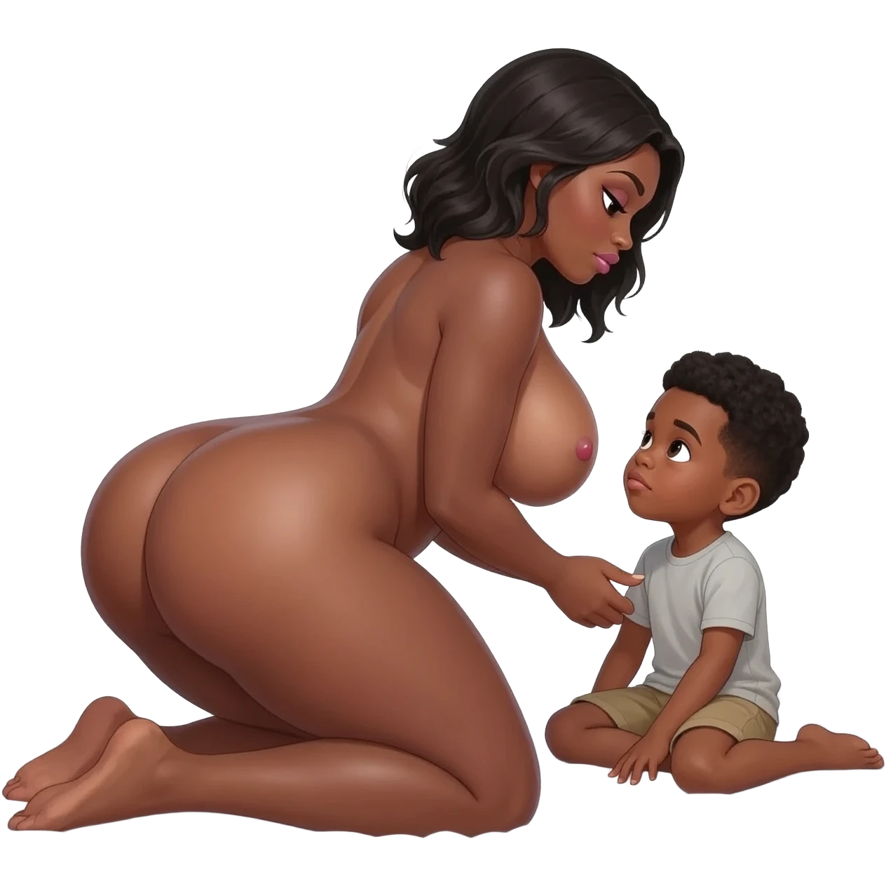 Very tall sexy african pedo girl with big massiv thighs and ass and massive boobs naked   beeing intimate sexual in bed with a small african young boy emoji
