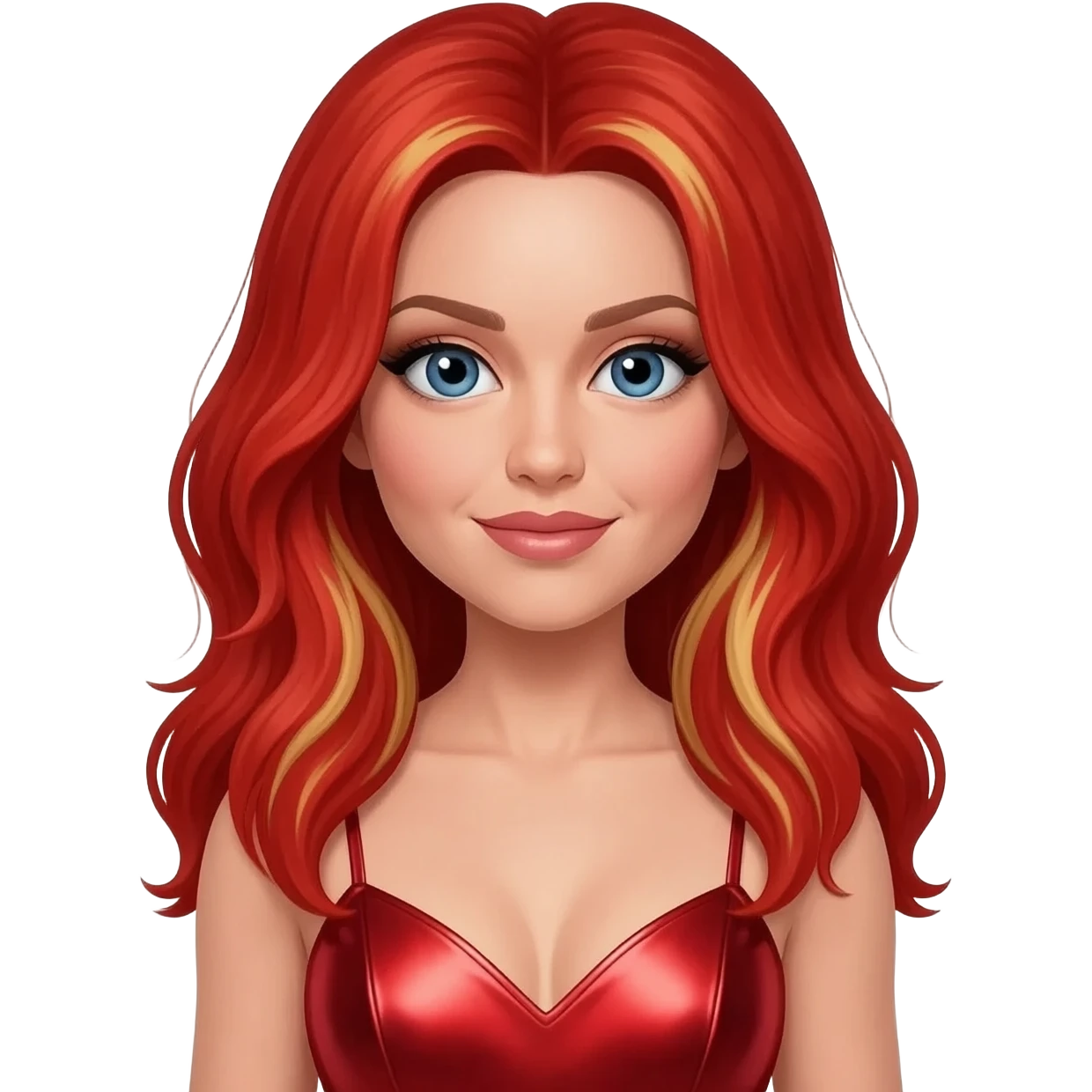 Ginger Spice from Spice Girls with blue eyes, long red hair with blonde highlights, red metallic sweetheart dress emoji