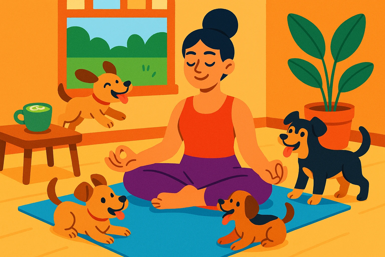 woman practicing yoga in a cozy home with a green yard, matcha latte nearby, several playful dogs around her emoji