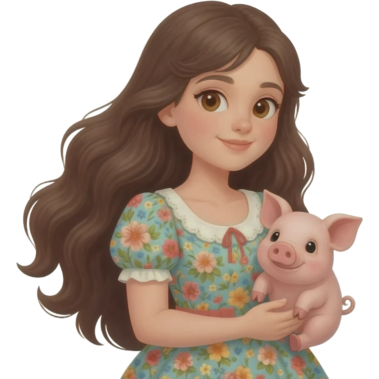 Beautiful girl brunette With long hair and a little pig emoji