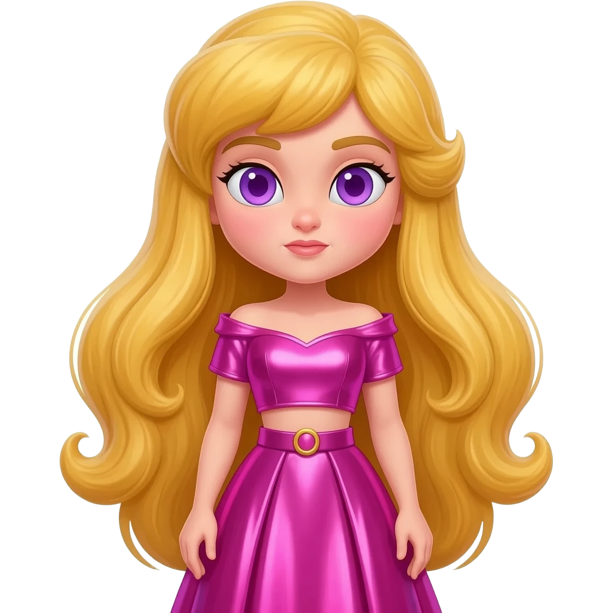 Sleeping Beauty from Disney Princess with violet eyes, long blonde hair, hot pink metallic off shoulder crop top, pink obi belt, hot pink metallic long skirt emoji