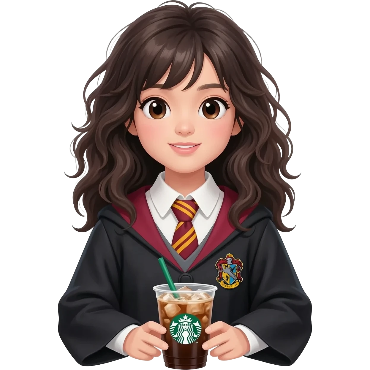 a Starbucks Americano with ice, an Asian girl with messy wavy hair in Ravenclaw robe is sitting on the cup emoji