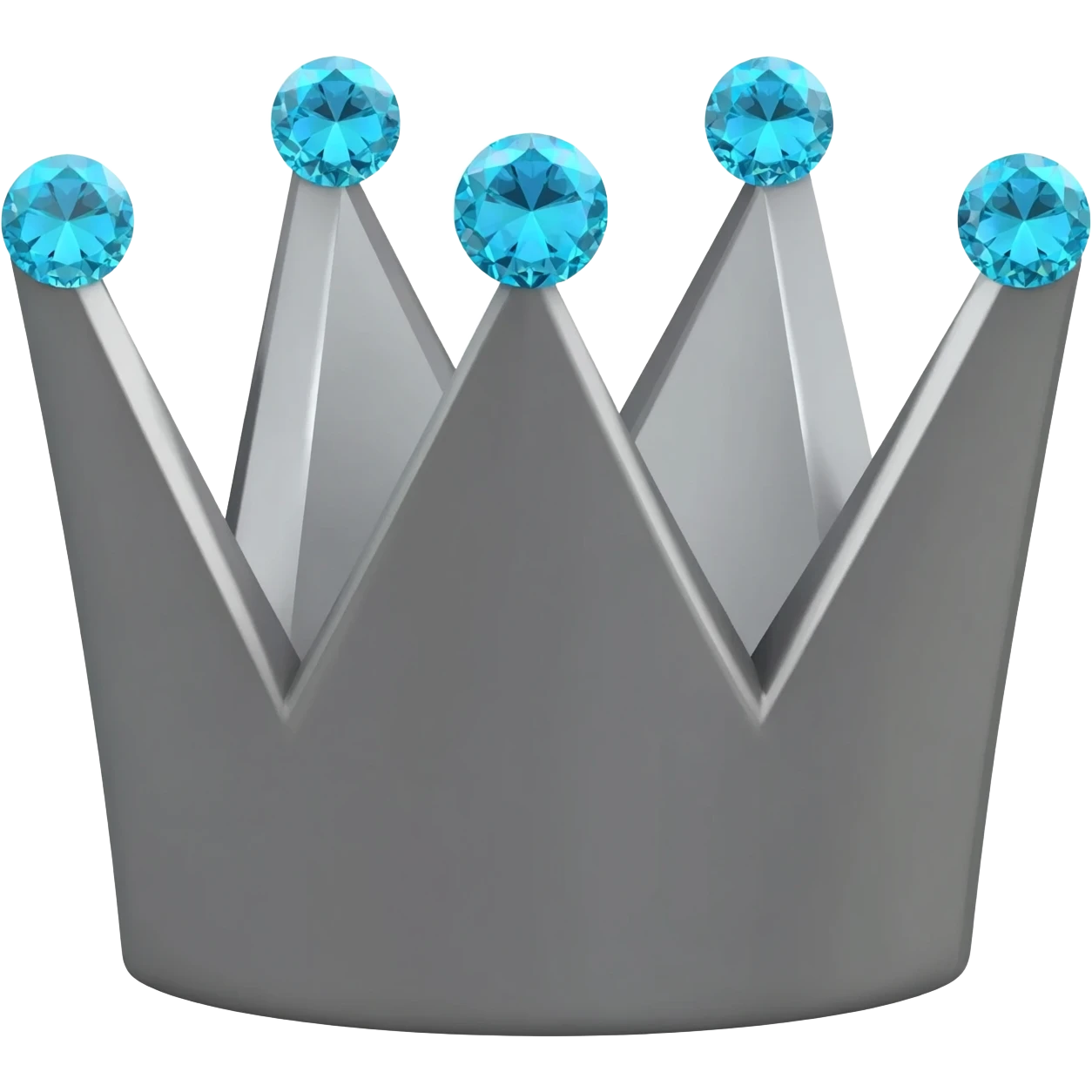 Minimalist 3D emoji based on: grey-graphite geometric crown made of cold, grey brushed steel. Integrated at the top is a severe; one large, sparkling light blue diamond is set precisely on each of its points. Soft, even lighting, isolated for sticker quality emoji