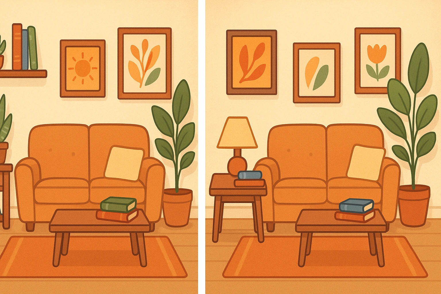 A friendly, clear, and visually engaging general-style illustration of a cozy room interior featuring a sofa, table, lamp, books, plants, and wall art. The scene is designed for a 'find the three differences' quiz, with distinct and interesting details to spot differences. emoji