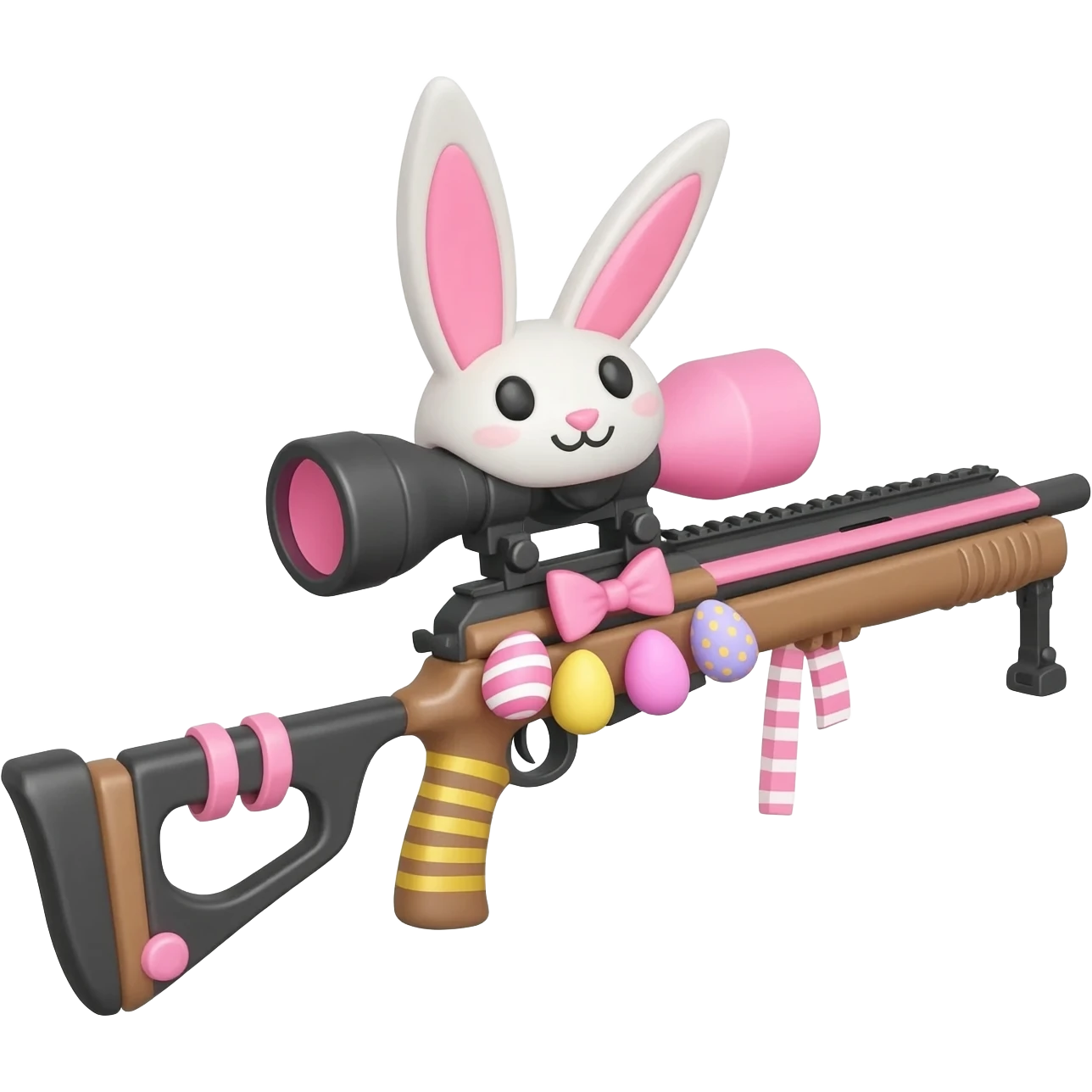 easter theme sniper rifle like with bunny ears and eggs and pink and a tie bow emoji