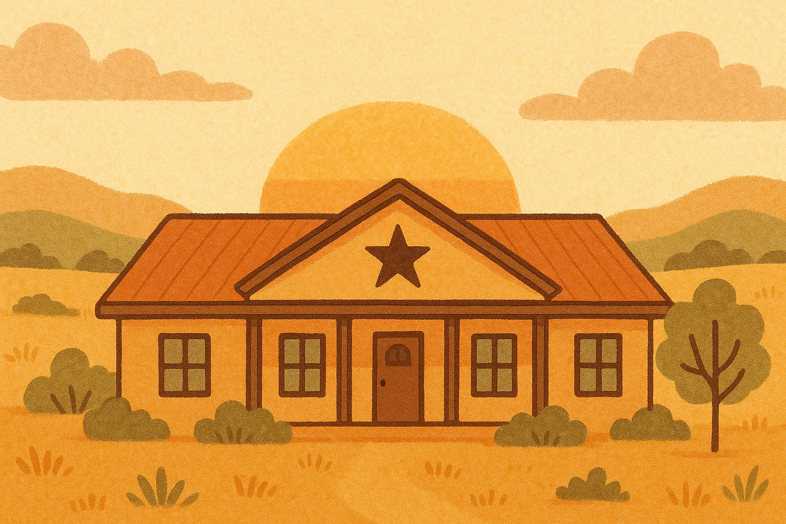 A ranch-style home with a star emblem, Texas landscape, sunset background emoji