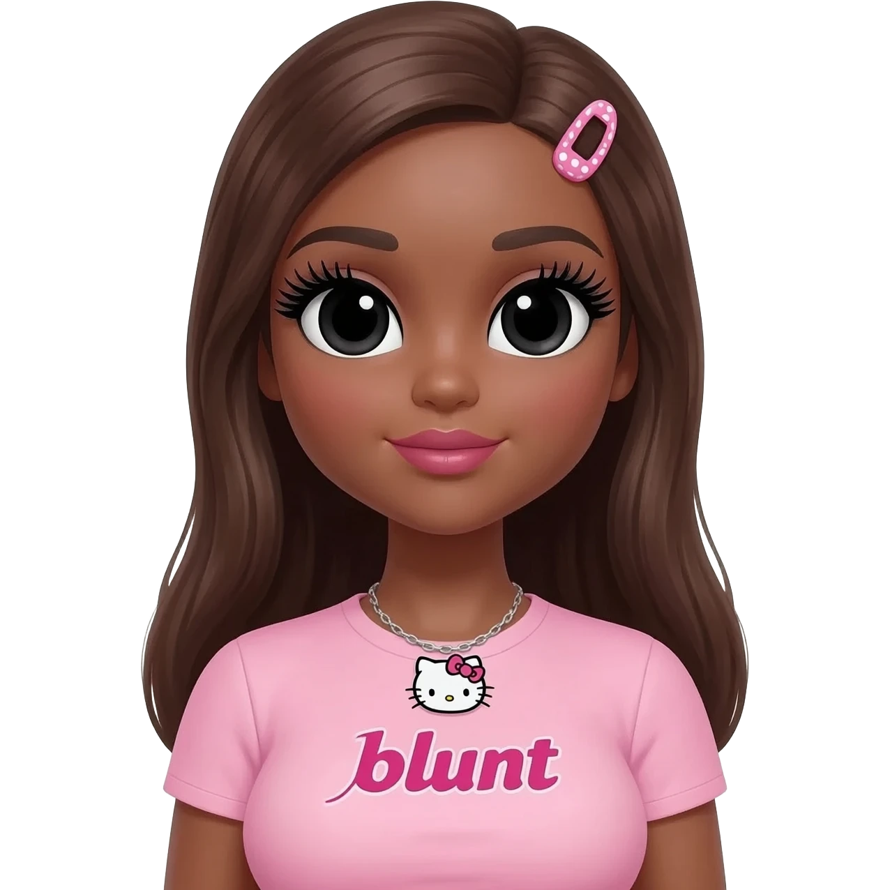Long giant lashes, my melody hairclip, Doll faced shaped, hello kitty necklace, bimbo, black doll eyes, barbie, dark brown skin with brown hair, light pink bimbo shirt says "blunt" , big breast emoji