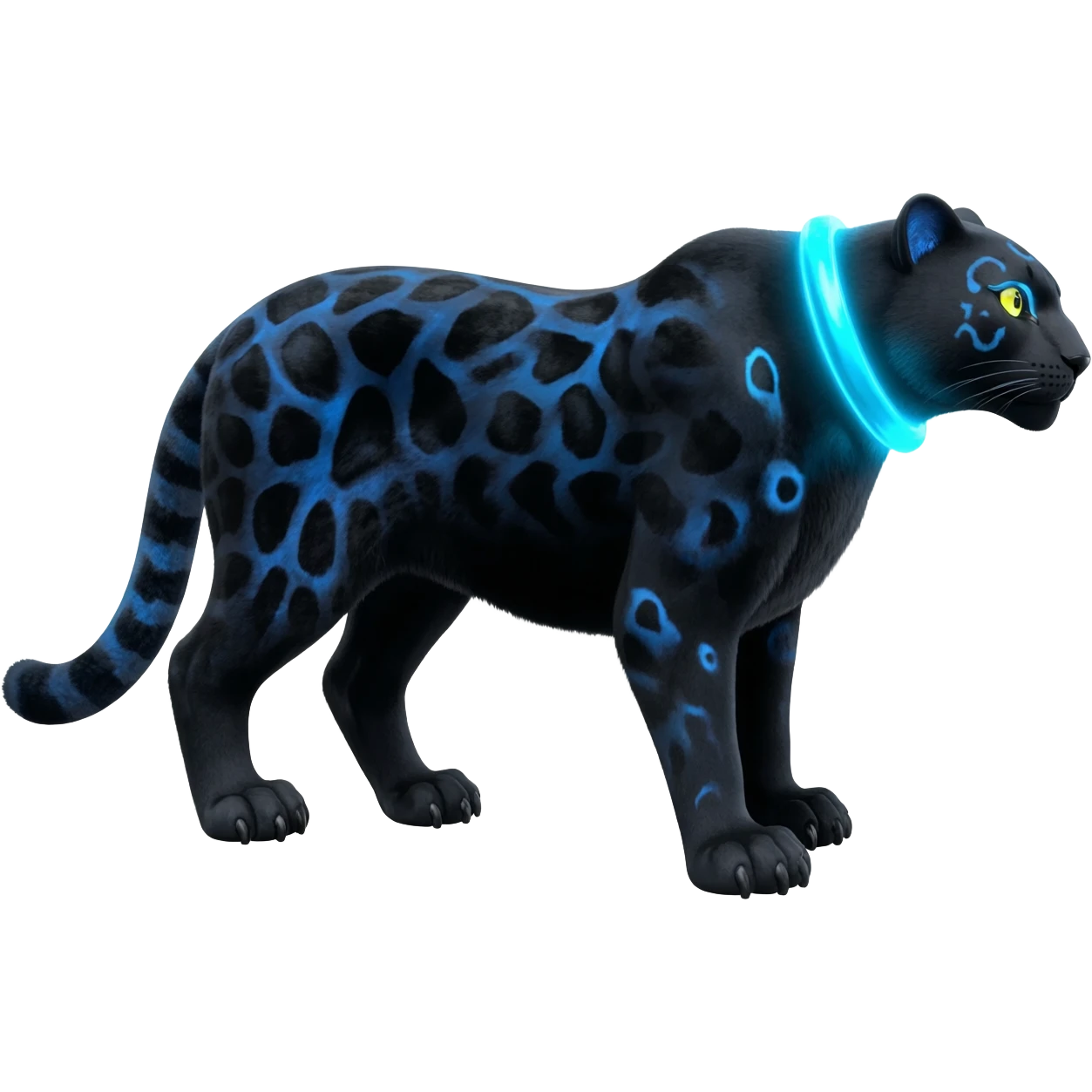 Obsidian-black fur body with bioluminescent neon glowing blue ring-markings Grem2-Gremz-Cheetah-Sergal-fusion, full body  emoji