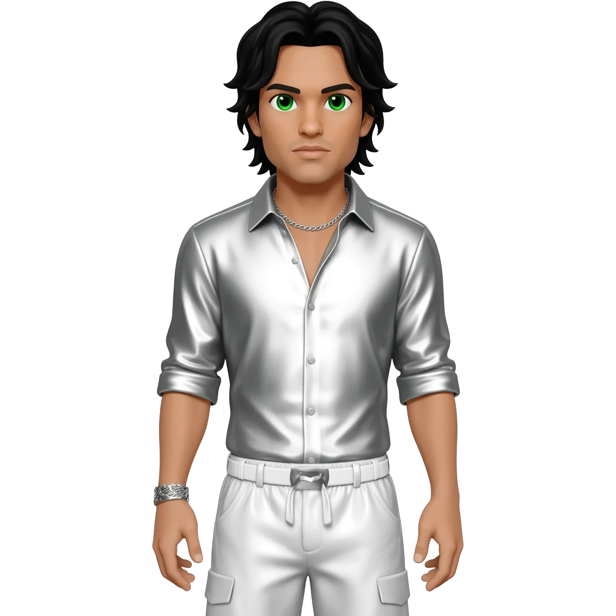 from Backstreet Boys with green eyes, long black hair, white metallic shirt, white metallic baggy pants, silver necklace emoji