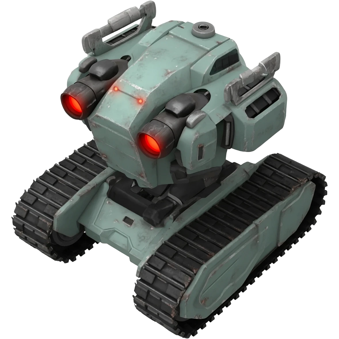A top down view of an end level boss robot drone with tank track, in a cyber punk futuristic style far beyond what is currently available today, from the year 3000, the camera needs to be directly above the end boss robot drone looking down emoji