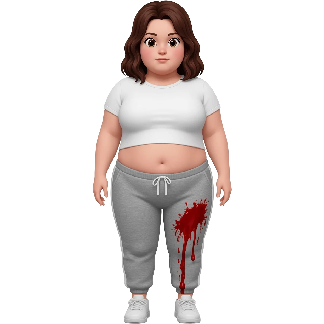 chubby girl fullbody with face with grey sweatpants on and blood dripping down from crotch to inside thigh emoji