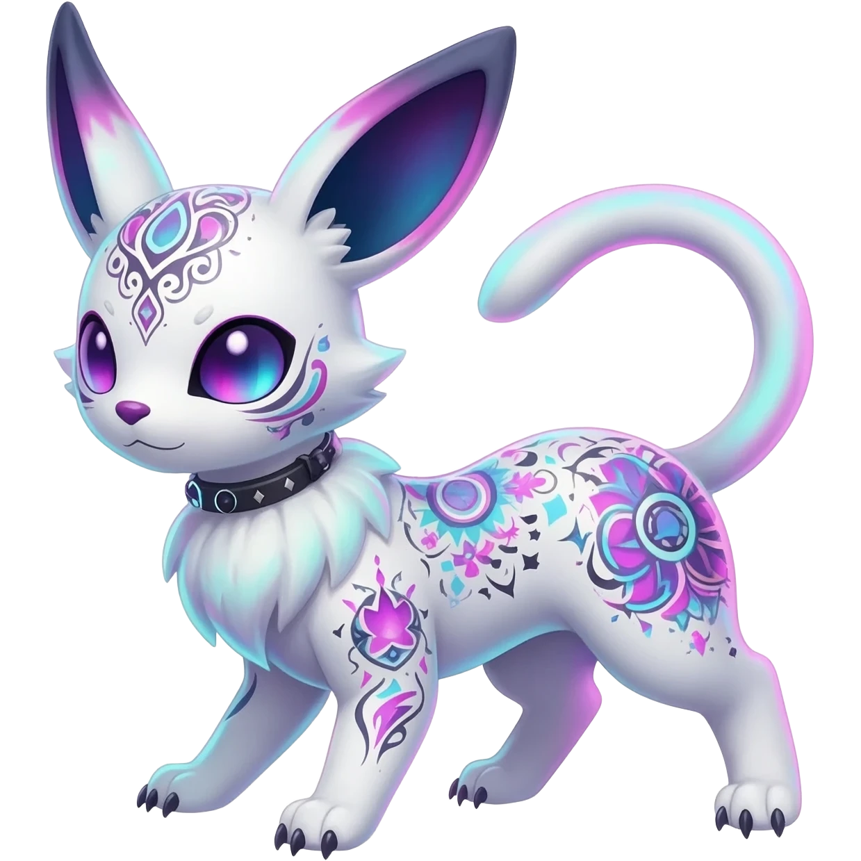 Rare neon iridescent white exotic cute epic aesthetic gothic colorful Salandit-Eevee-Civet-species-Fakemon-hybrid-creature, with intricate tattoo markings, full body emoji