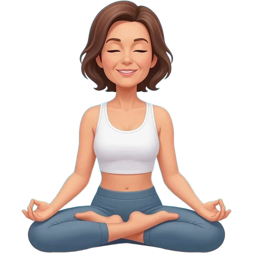 femme brune 50 ans position yoga face à la mer emoji