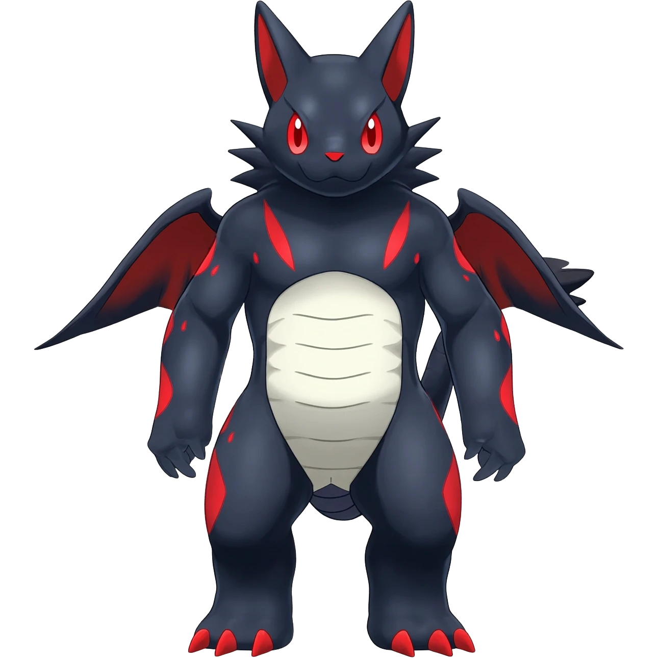 midnight blue-gray-black, with red markings, white belly, scaley Bastet-Noibat-Gatomon-Garchomp-Digimon-Fakémon-Pokémon-creature (full body) emoji