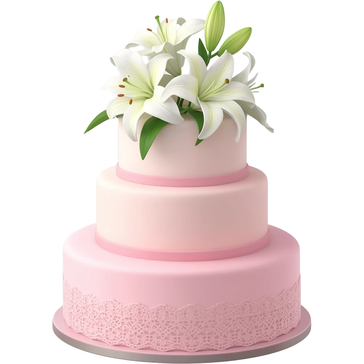 Pastel pink shaped wedding cake with and white lilies on top emoji