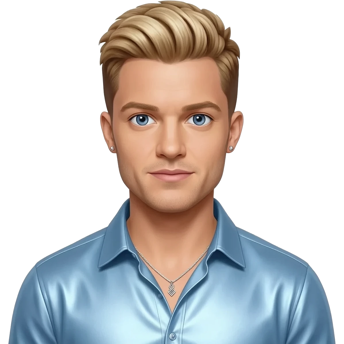Justin Timberlake from N'Sync with blue eyes with blonde dyed, light brown hair, baby blue metallic shirt, silver necklace and short earrings emoji