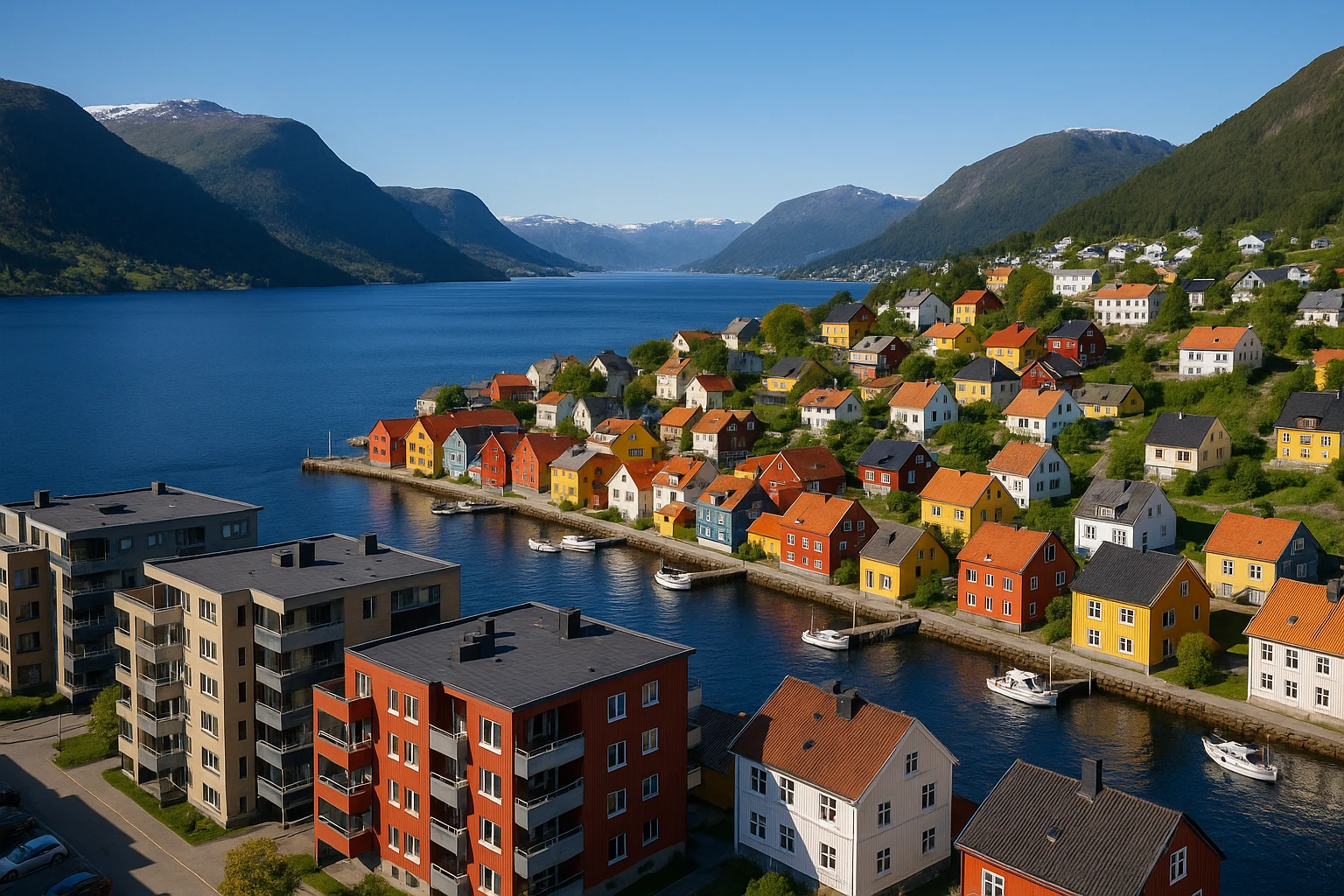 A coastal town in norway, apartment blocks emoji