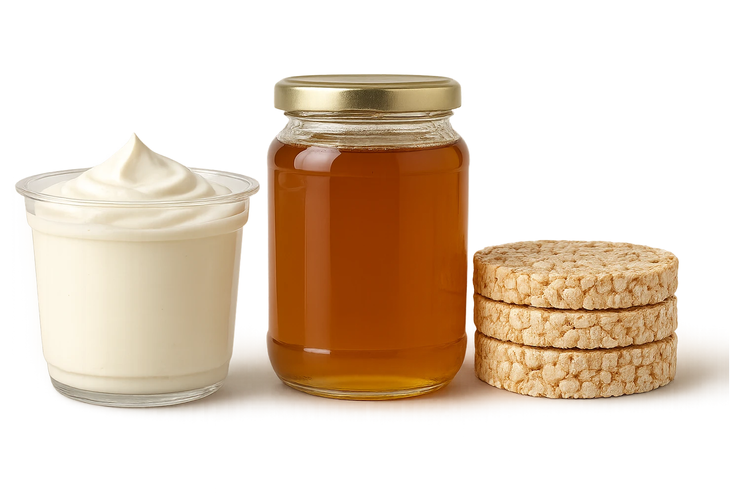 Yogurt Greco 2%
Miele (senza il cucchiaio di legno)
Gallette di Riso
vista frontale, iperrealistico 4k emoji